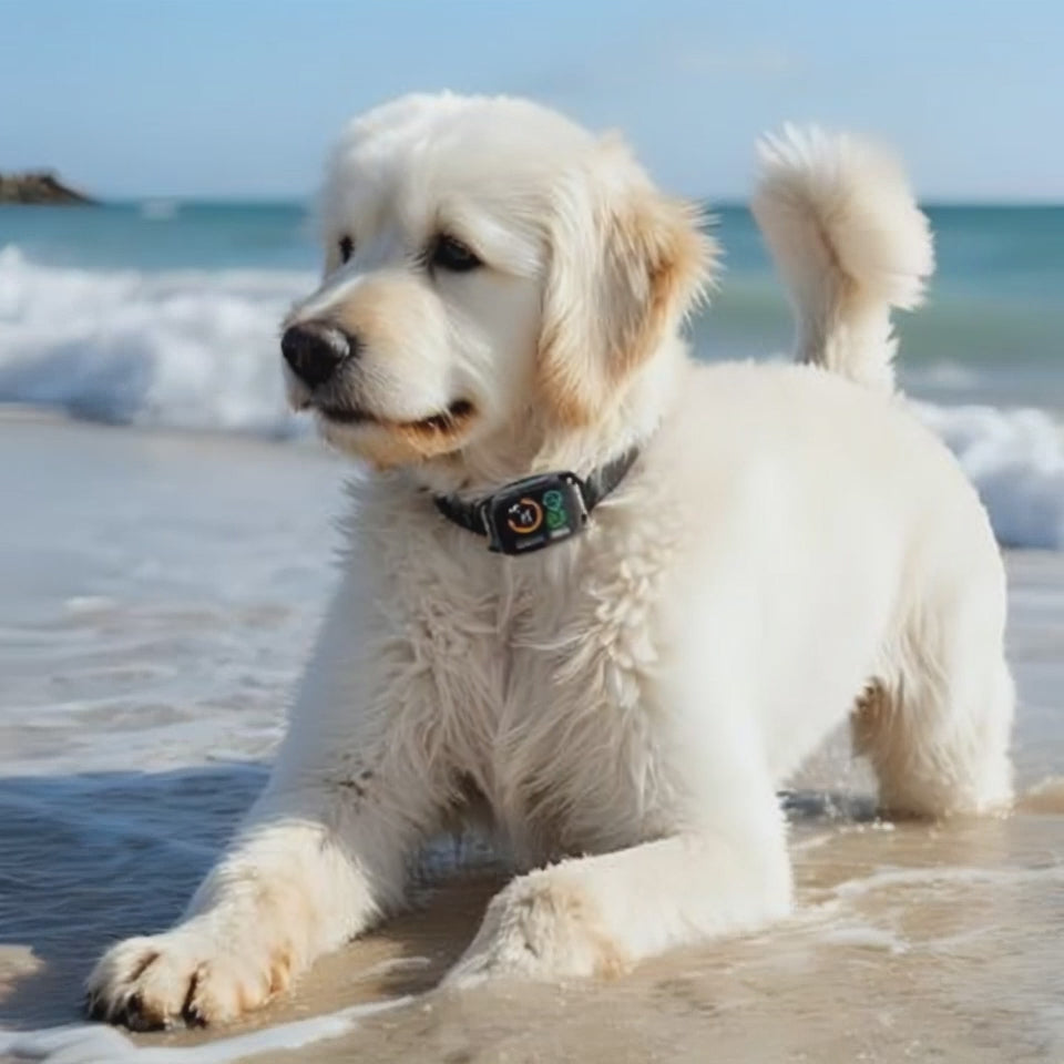 collier anti aboiement chien blanc plage joue eau