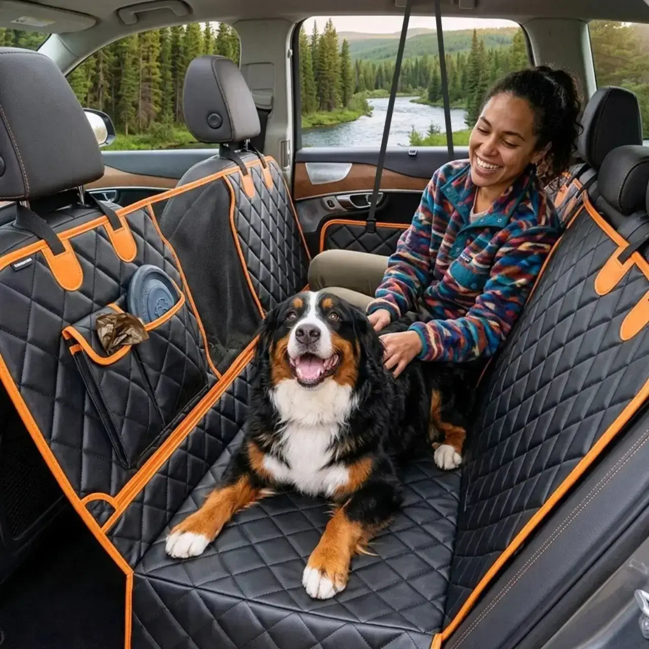 Une femme assise avec son bouvier bernois allongé sur la housse de protection pour chien de voiture noire.