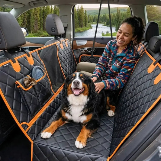 Une femme assise avec son bouvier bernois allongé sur la housse de protection pour chien de voiture noire.