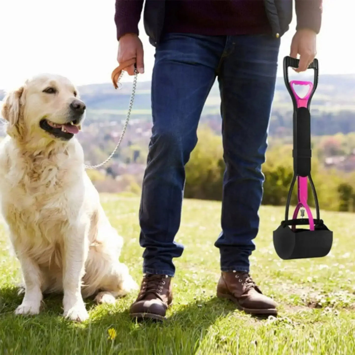 Un homme avec un golden retriever et un ramasse-crotte rose à la main.