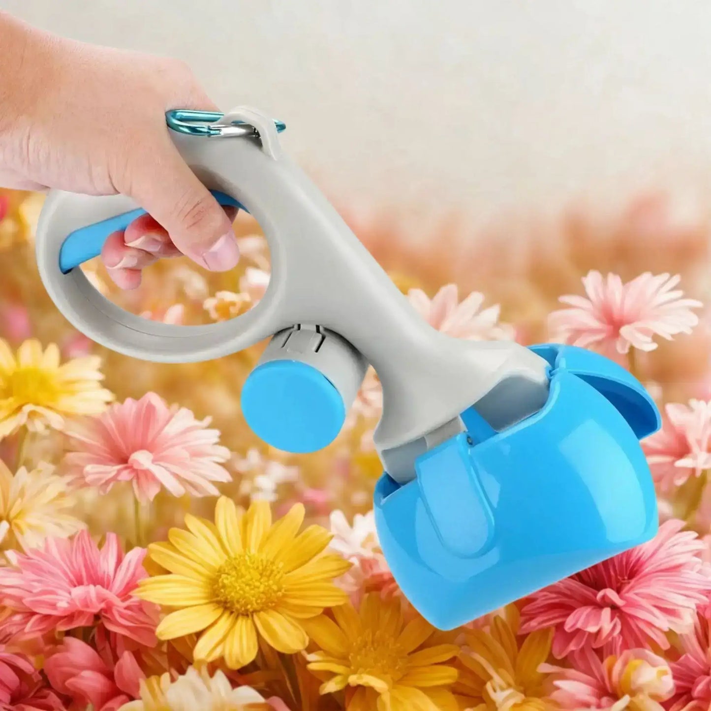 Un ramasse-crotte pour chien de couleur bleue et des fleurs.