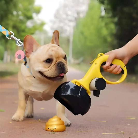 Un bouledogue français regarde son maître ramasser sa crotte avec le ramasse-crotte pour chien noir.