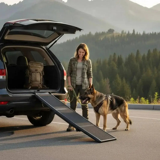 Une femme avec son berger allemand se prépare à monter sur la rampe pour chien pour voiture à trois panneaux.