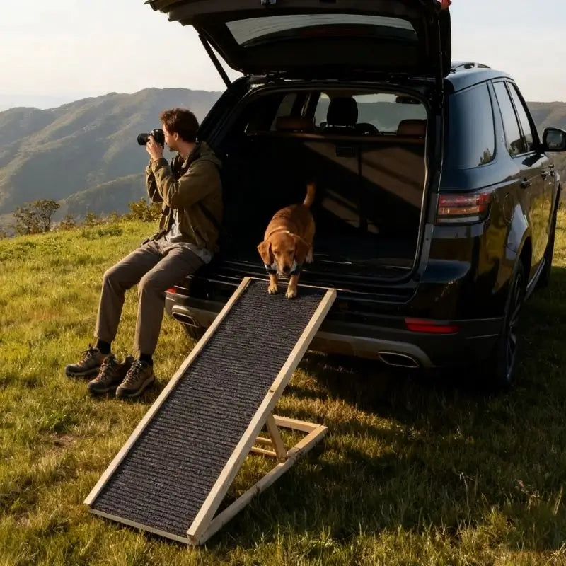 Un teckel descend d'un SUV par la rampe pour chien avec son maître à ses côtés.