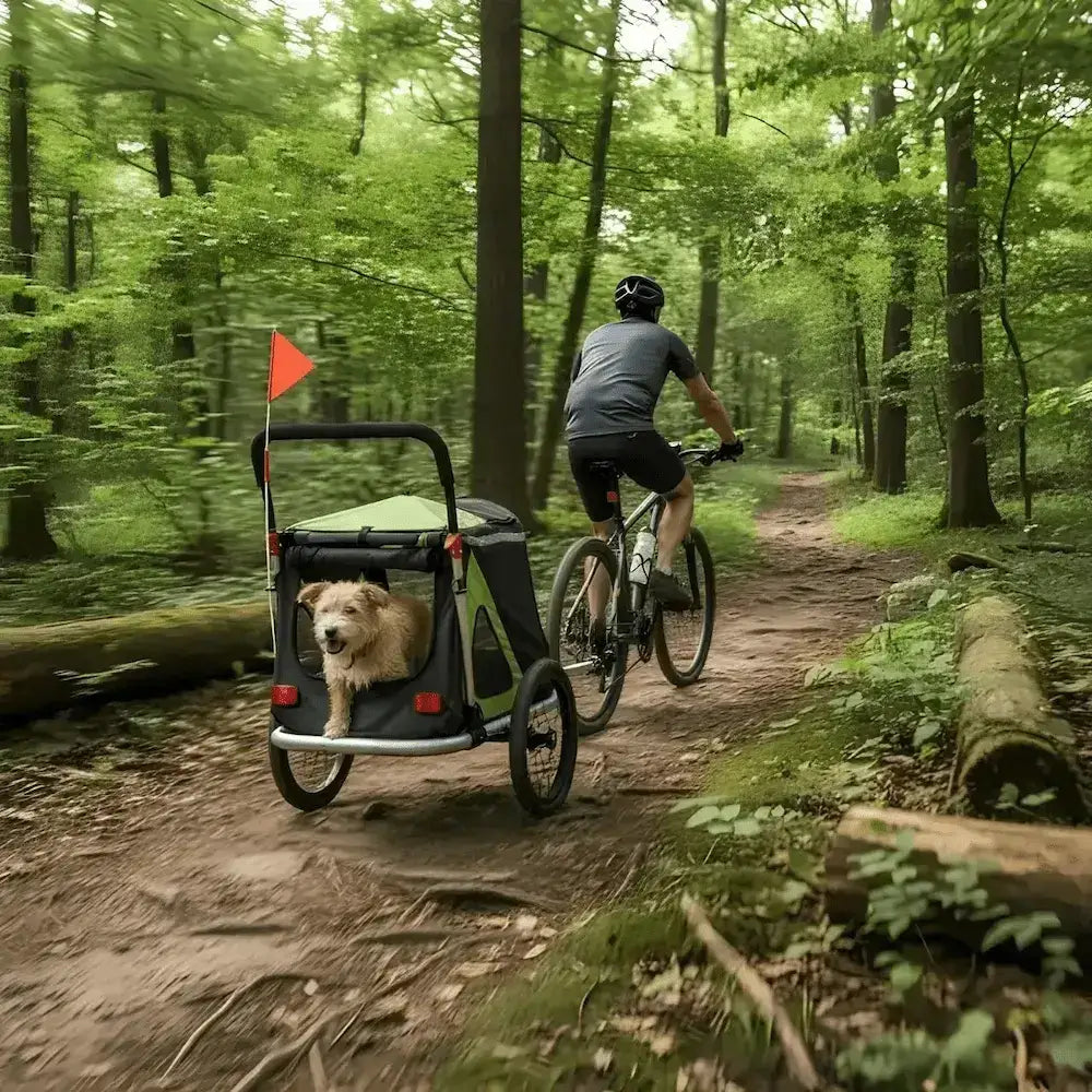 Un homme dans un sentier dans la forêt avec son chien d'eau portugais dans la remorque à vélo pour chien.