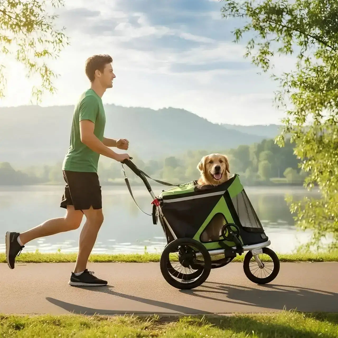 Un homme fait du jogging près de l'eau avec son golden retriever dans la remorque à vélo pour chien transformée en poussette.