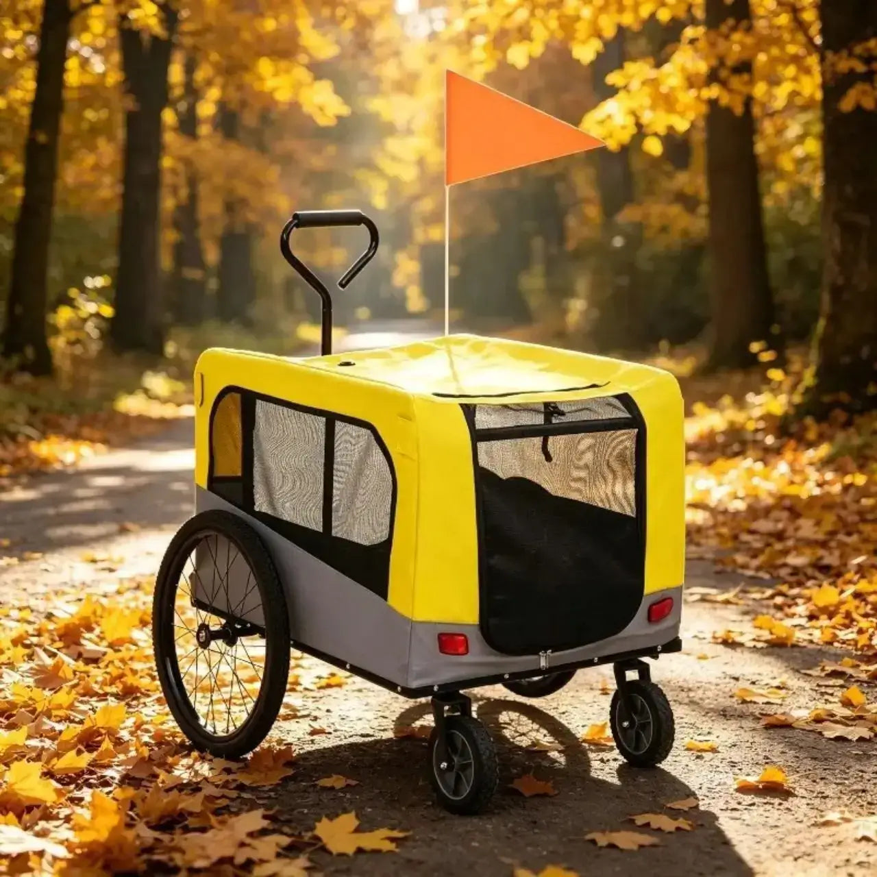 Une remorque pour vélo pour chien de couleur jaune sur un sentier forestier.