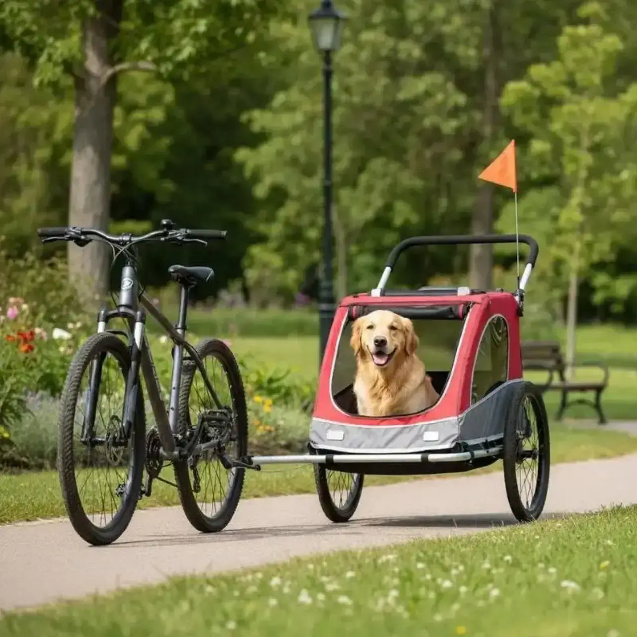 Un golden retriever dans la remorque pour vélo pour chien rouge sur une piste cylcable.