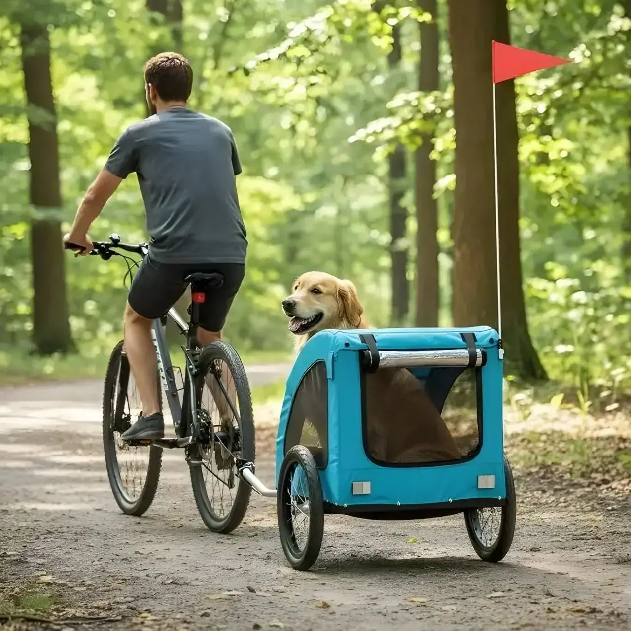 Un homme à vélo se promène dans un sentier avec son golden retriever dans la remorque pour chien bleue.