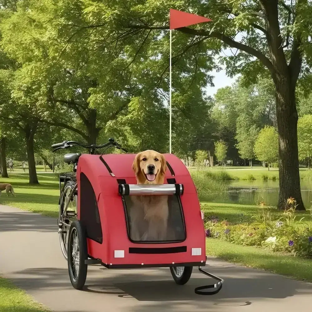 Un golden retriever dans une remorque de vélo pour chien sur la piste cyclable dans un parc.