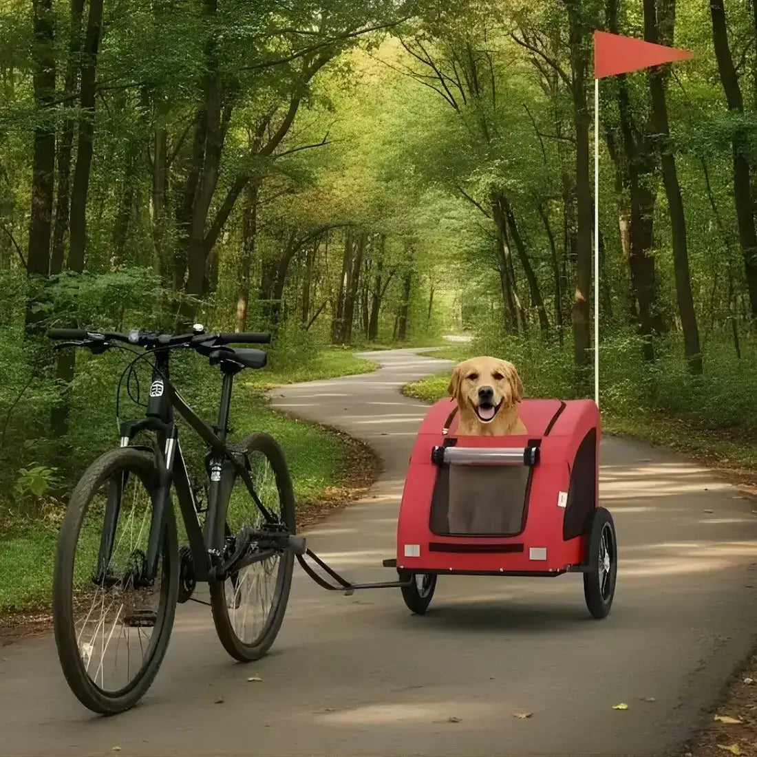 Un golden retriever dans une remorque de vélo pour chien rouge sur une piste cyclable dans un sentier.