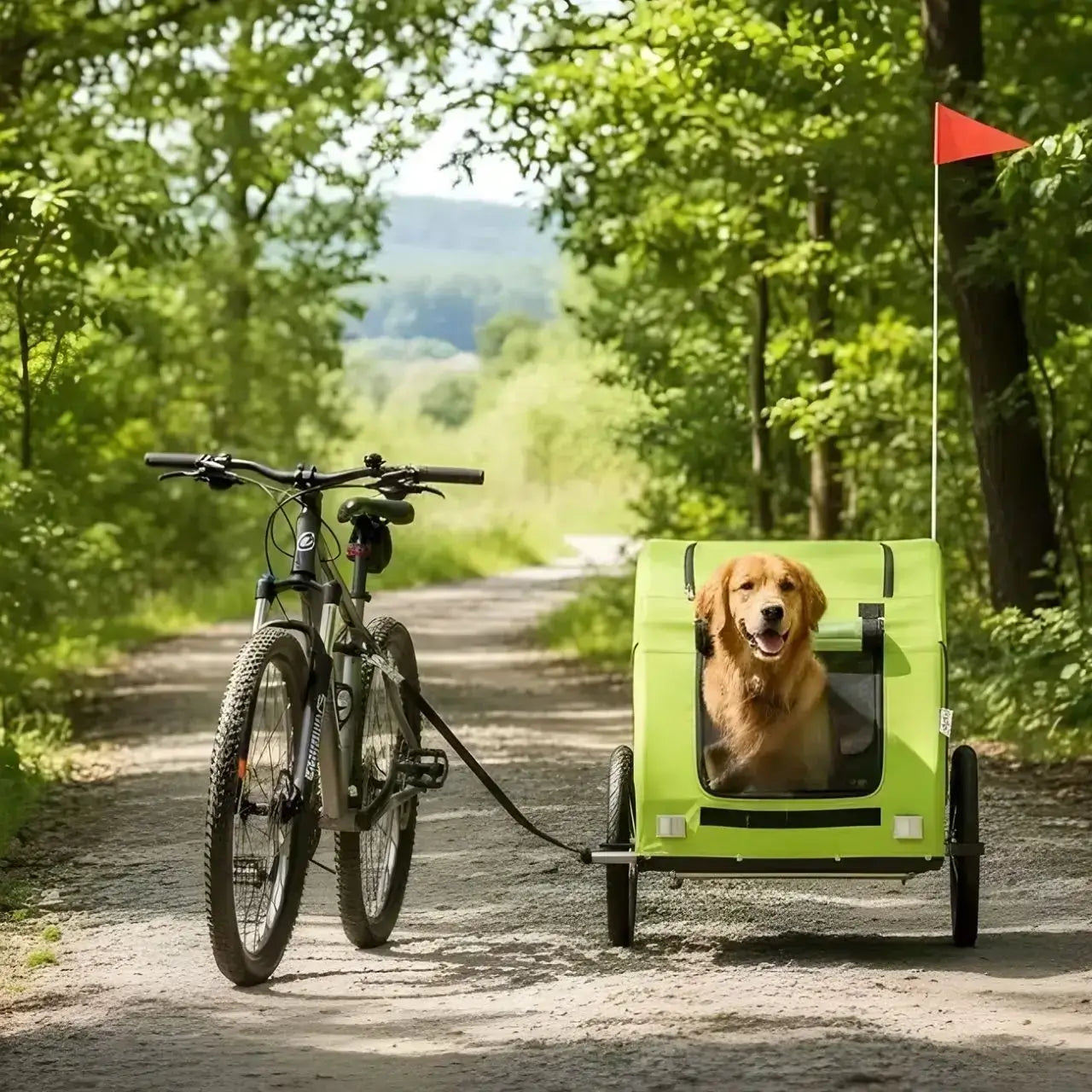 Un golden retriever dans une remorque de vélo pour chien verte dans un sentier boisé.