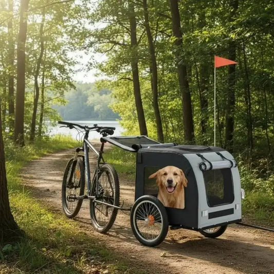 Un golden retriever dans la remorque de vélo pour chiens grise dans un sentier boisé avec un vélo.