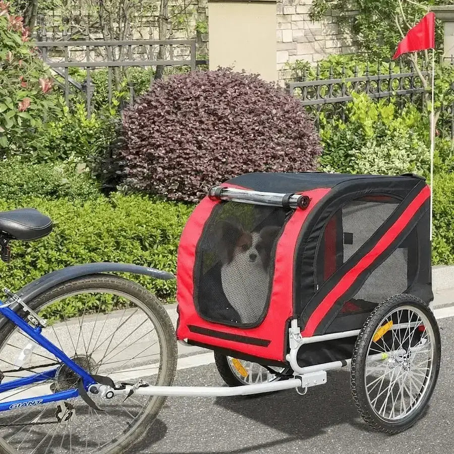 Un chihuahua papillon assis dans une remorque à vélo pour chiens de couleur rouge.