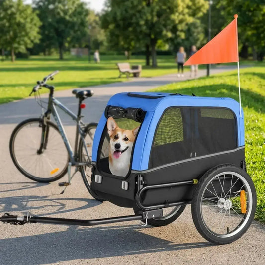 Un corgi dans une remorque de vélo pour chien bleu sur une piste cyclable