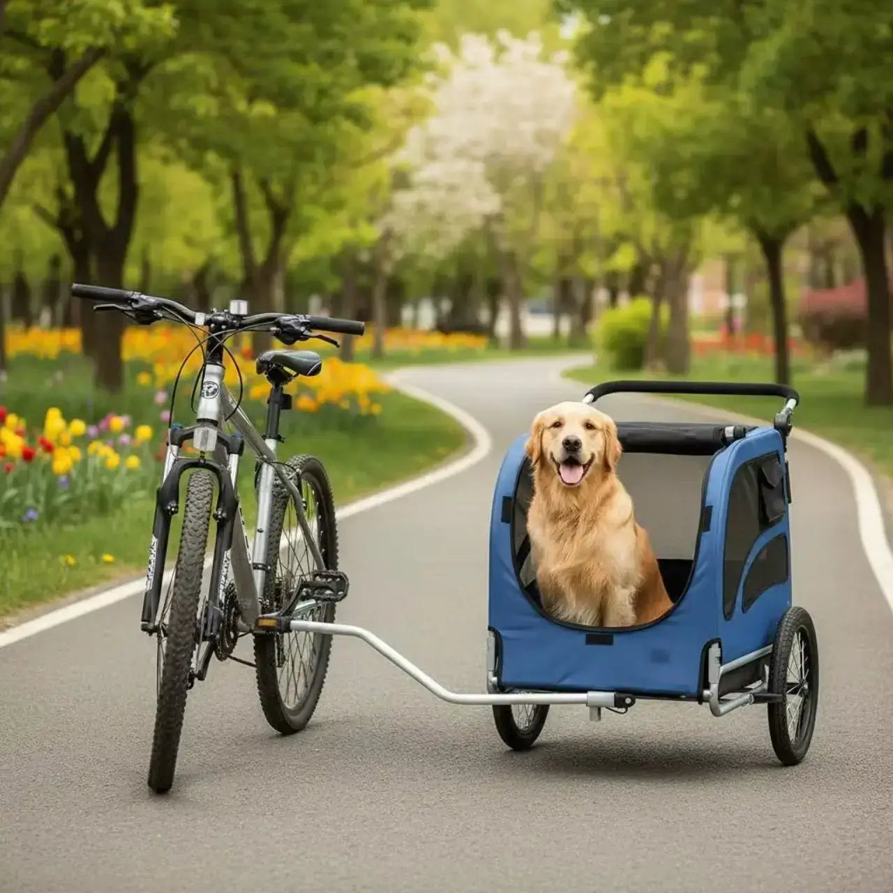 Un golden retriever dans une remorque de vélo pour chiens avec un vélo sur une piste cyclable.