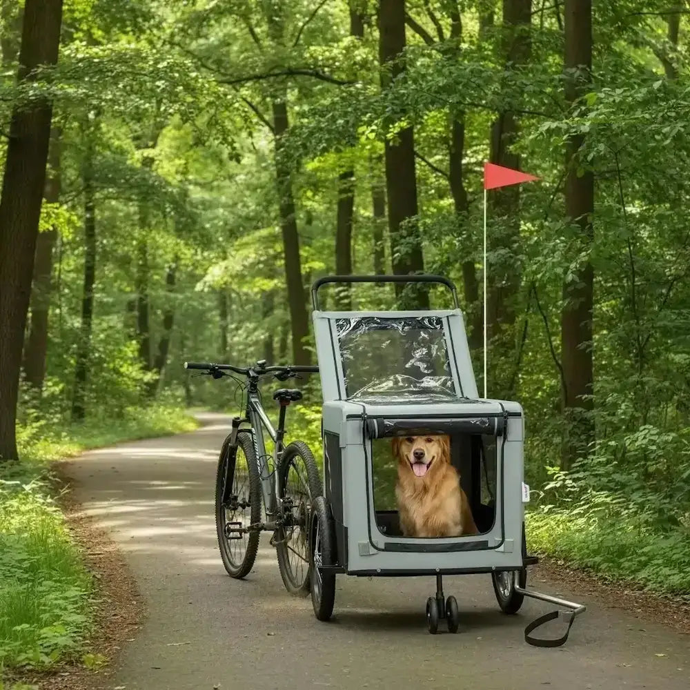 Un golden retriever dans la remorque vélo pour chien gris sur une piste cyclable dans un boisé.