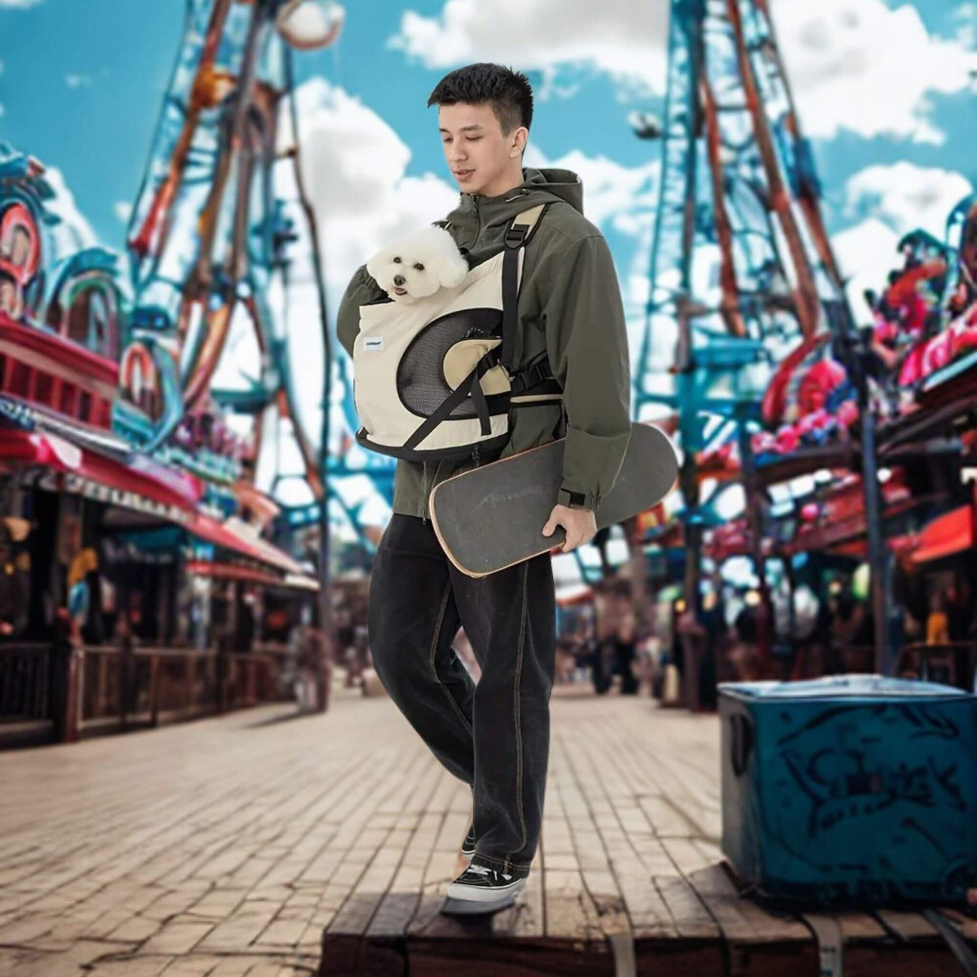 Un homme avec un sac à dos porté devant avec un caniche transporte sa planche à roulettes dans un terrain de jeux.