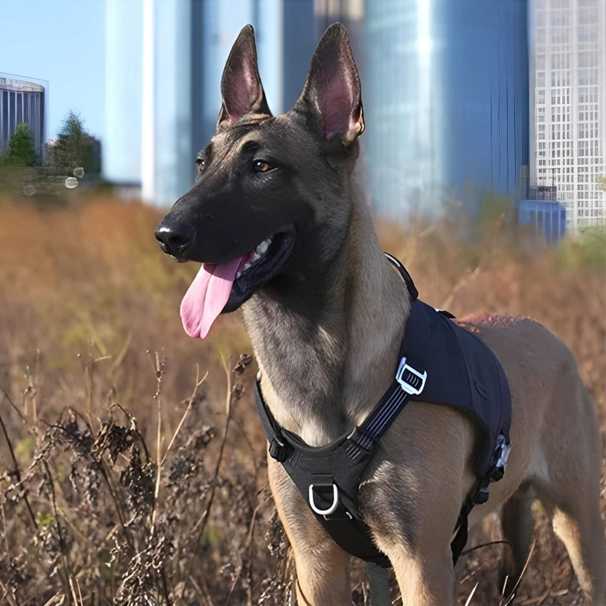 Un malinois à l'extérieur avec la ville en arrière-plan porte son sac à dos de couleur noire.