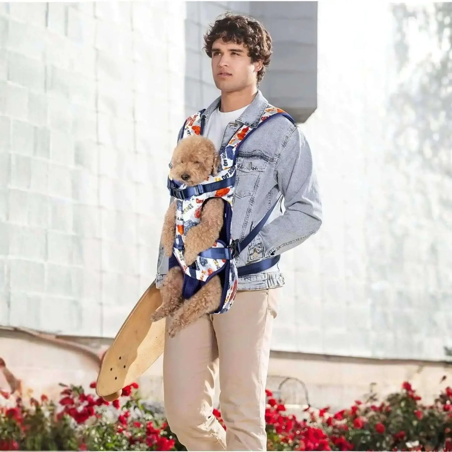 Un homme porte par devant un sac à dos pour chien avec son caniche à l'intérieur. 