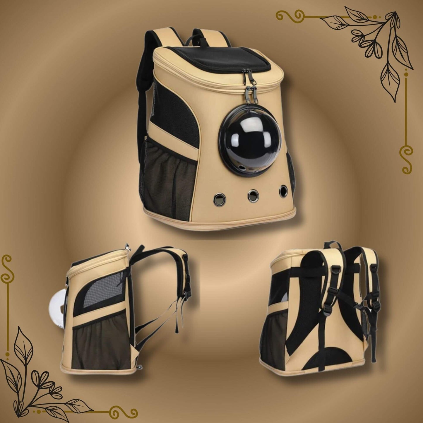 Un sac à dos respirant de couleur kaki vu de face, de côté et de dos 