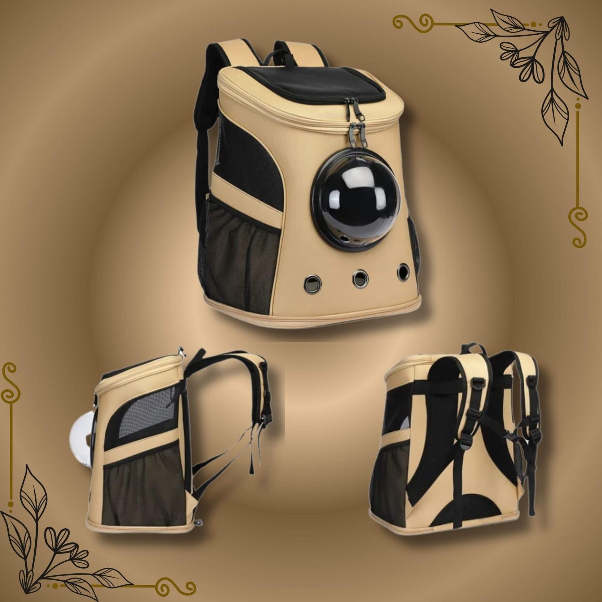 Un sac à dos respirant de couleur kaki vu de face, de côté et de dos 