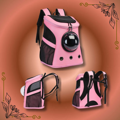 Un sac à dos pour chien respirant et imperméable porté par l'humain rose vu de face, de dos et de côté.