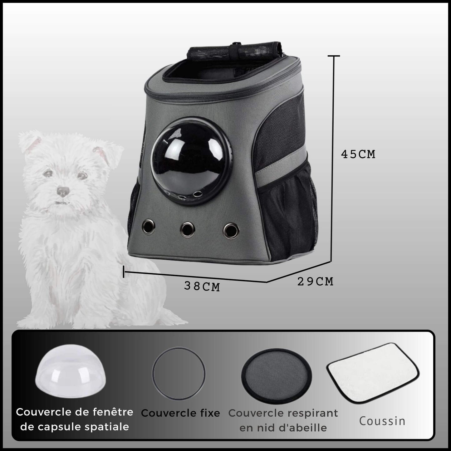 Grandeur du sac à dos avec coussin et option de fenêtre-maille respirant ou globe avec trou