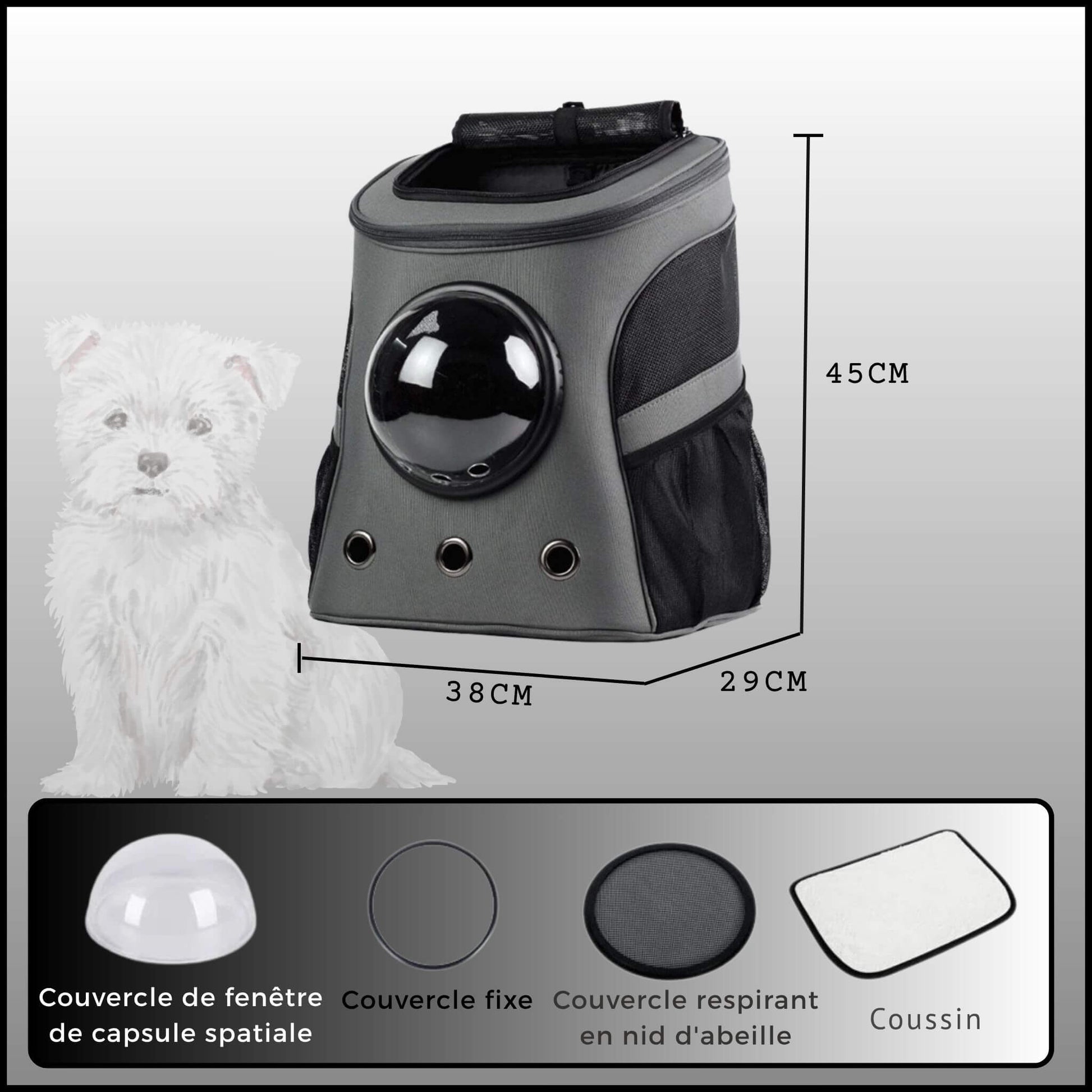 Grandeur du sac à dos avec coussin et option de fenêtre-maille respirant ou globe avec trou