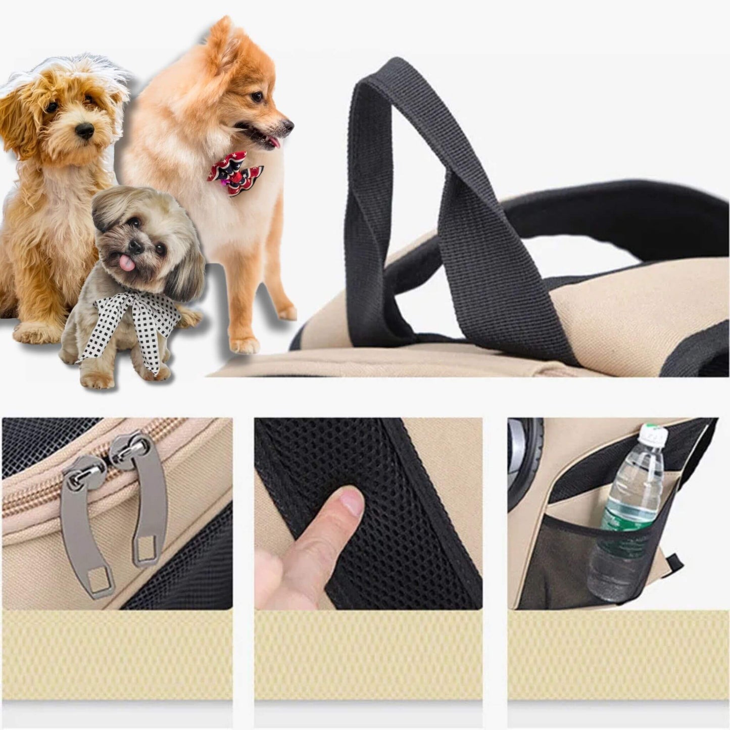 Détail du sac à dos : sangle, fermeture éclair, pad de bandoulière rembourré et poches sur les côtés avec une bouteille d'eau