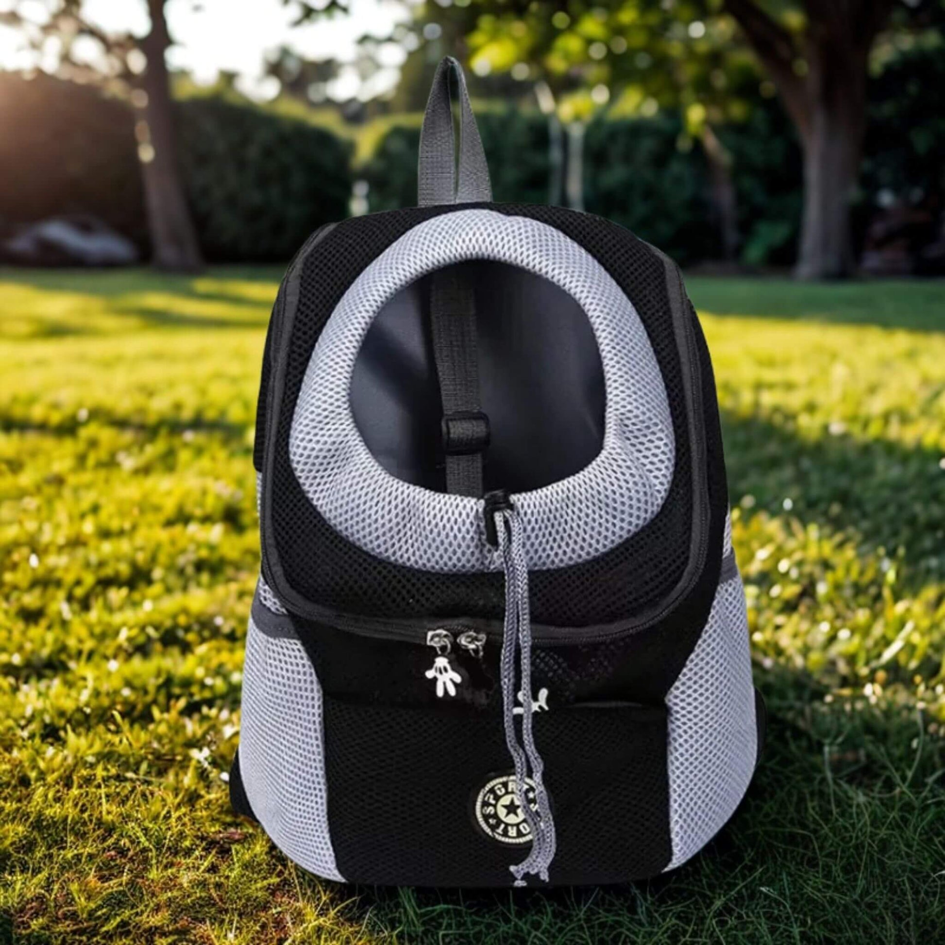 Sac à dos noir sur une pelouse