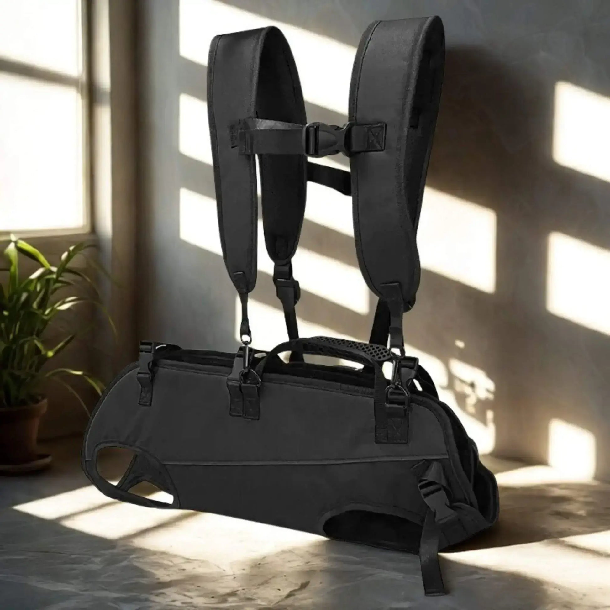 Un sac à dos noir posé sur une planche de pierre éclairée par la fenêtre. 