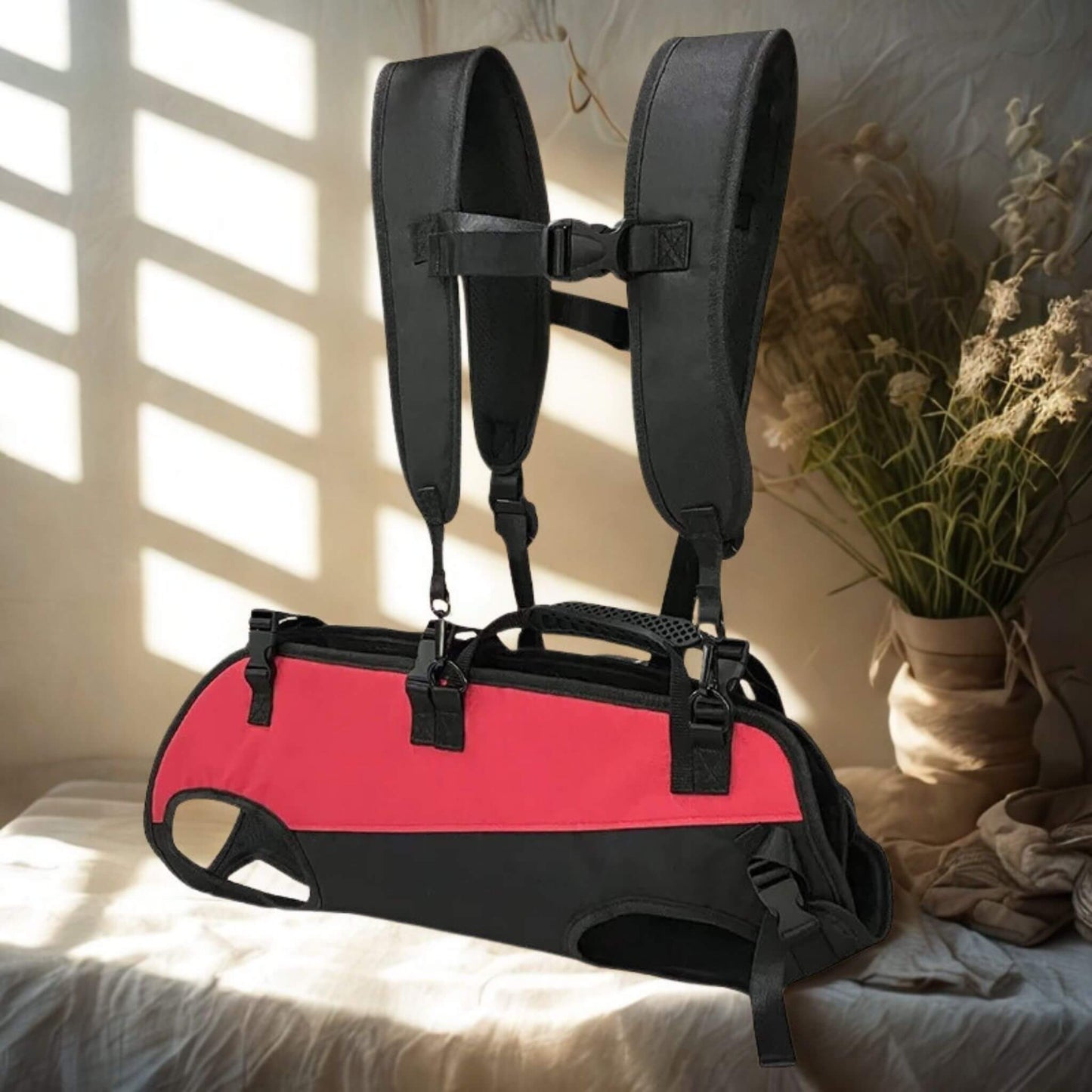 Un sac à dos chien rouge sur un tissu et un pot de fleur en arrière