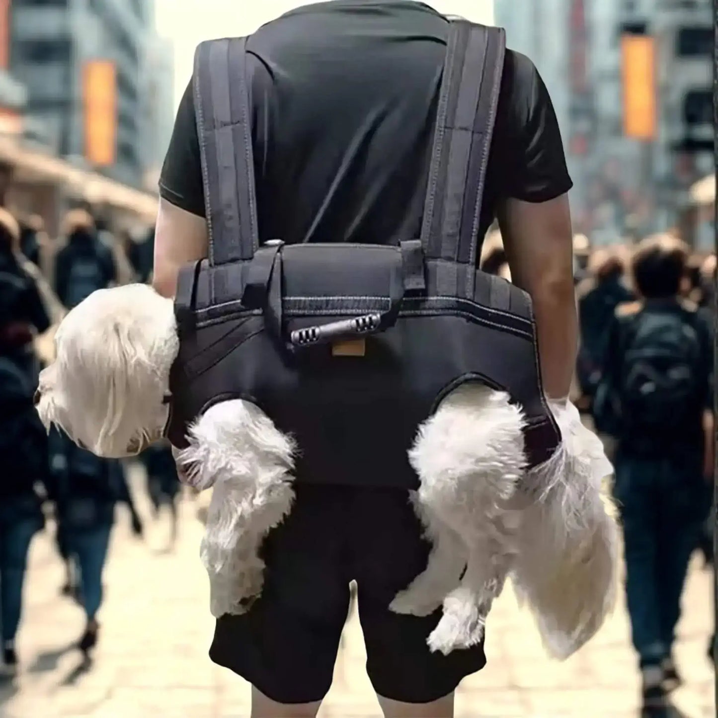 Un homme vu de dos porte un sac à dos pour chien noir avec un chien blanc à l'intérieur.