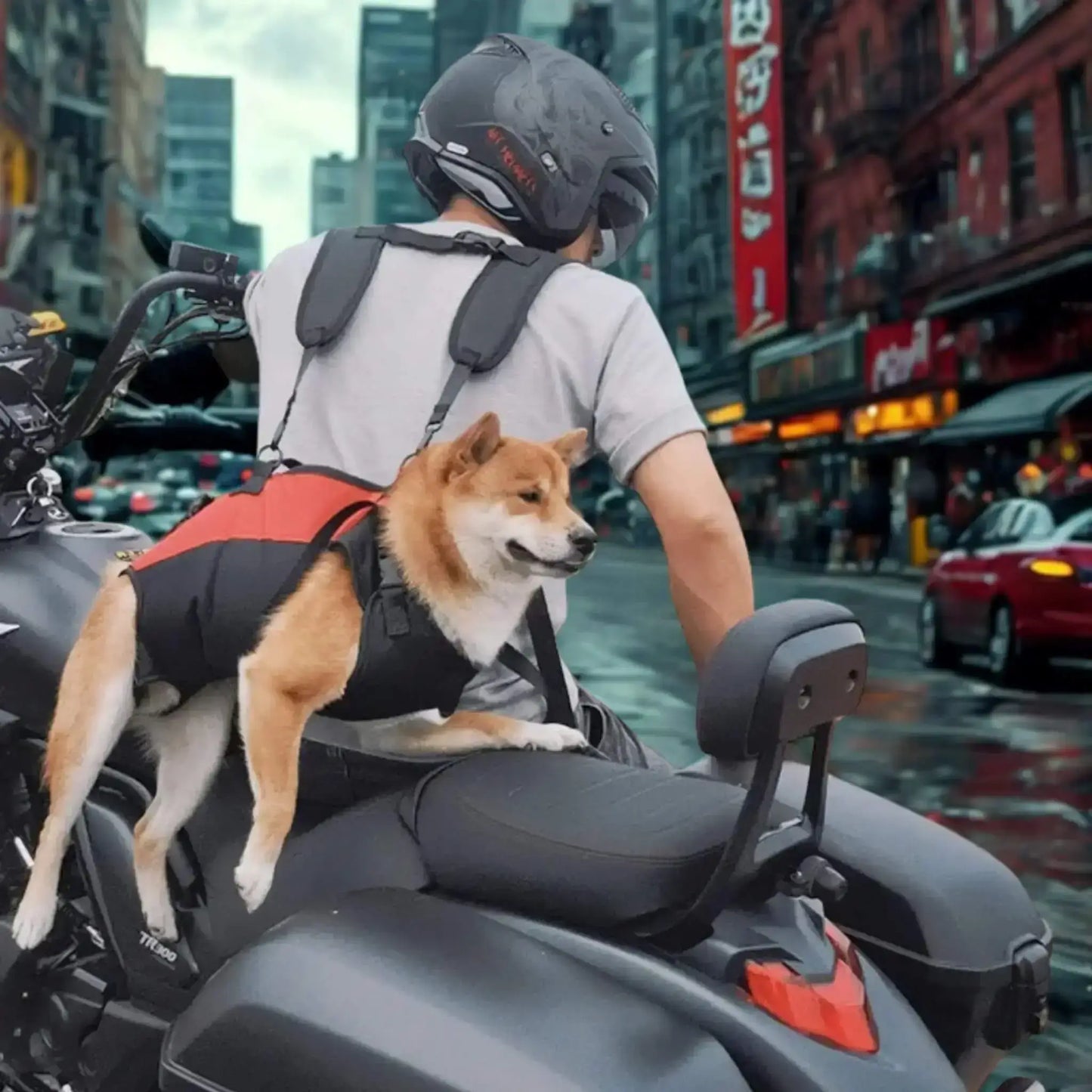 Chien dans sac à dos dans le dos de l'homme en moto dans la ville.