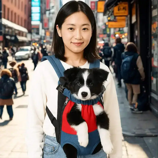 Une femme porte le sac à dos pour chiens bleu et rouge par devant avec un chiot border collie devant des magasins.