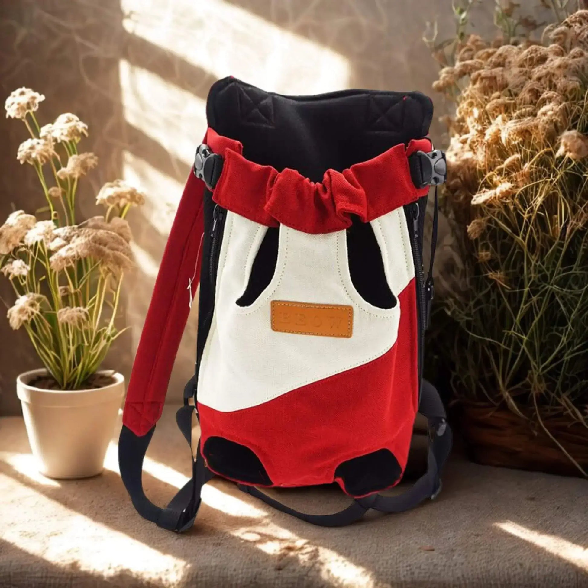 Un sac à dos pour chien porté par un humain de couleur rouge et blanc sur un tissu de lin avec fleur séchée.