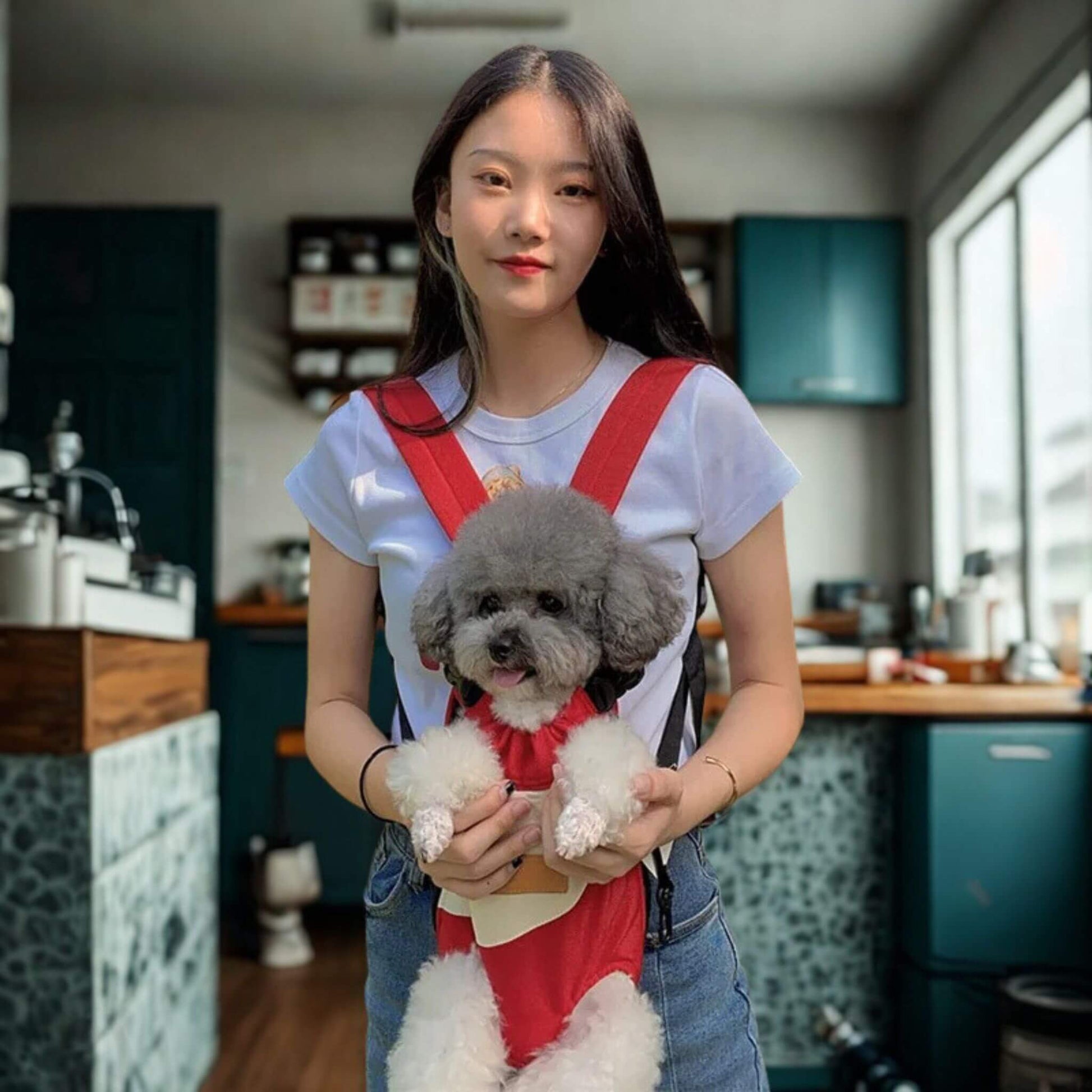 Femme vue de face avec un caniche dans son sac à dos pour chien dans une clinique vétérinaire 