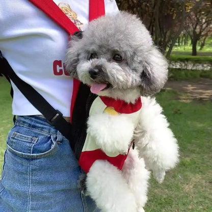 Le caniche se trouve dans un sac à dos à l'extérieur, sur une femme en face.
