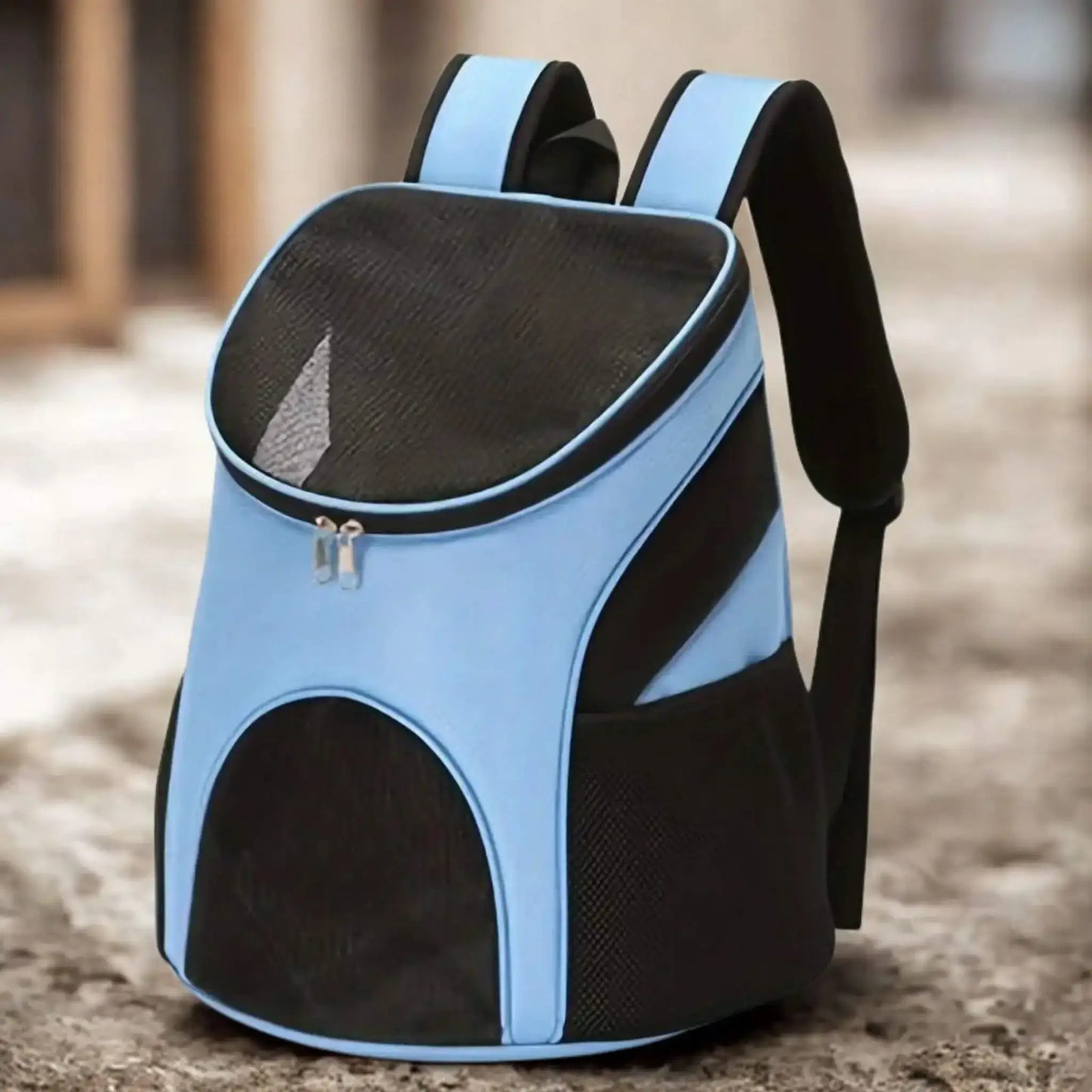 Un sac à dos pour petit chien de couleur bleue.
