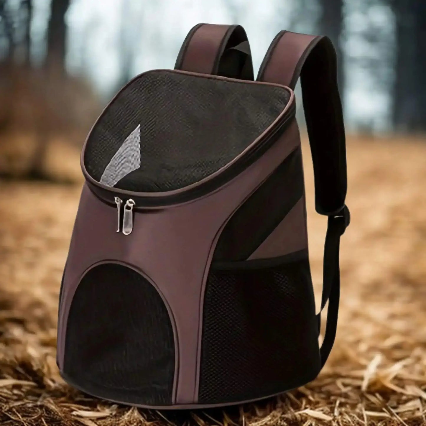 Un sac à dos pour petit chien de couleur marron.