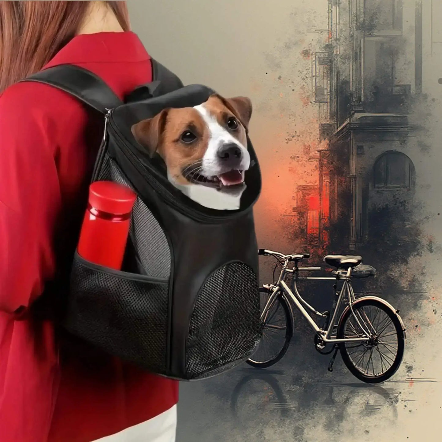 Une femme vue de dos avec son jack russell dans son sac à dos pour petit chien.
