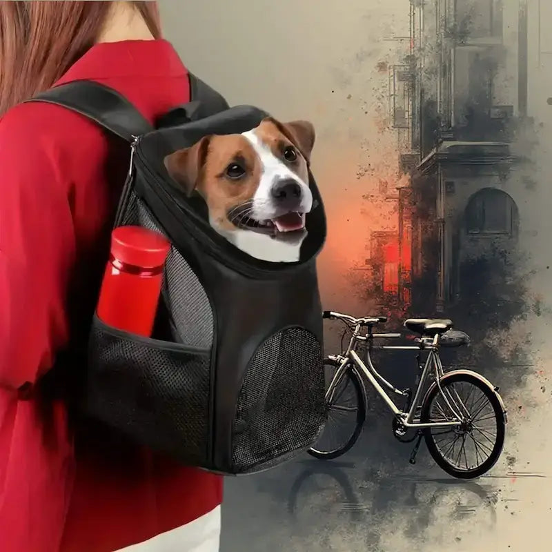 Une femme vue de dos avec son jack russell dans son sac à dos pour petit chien.
