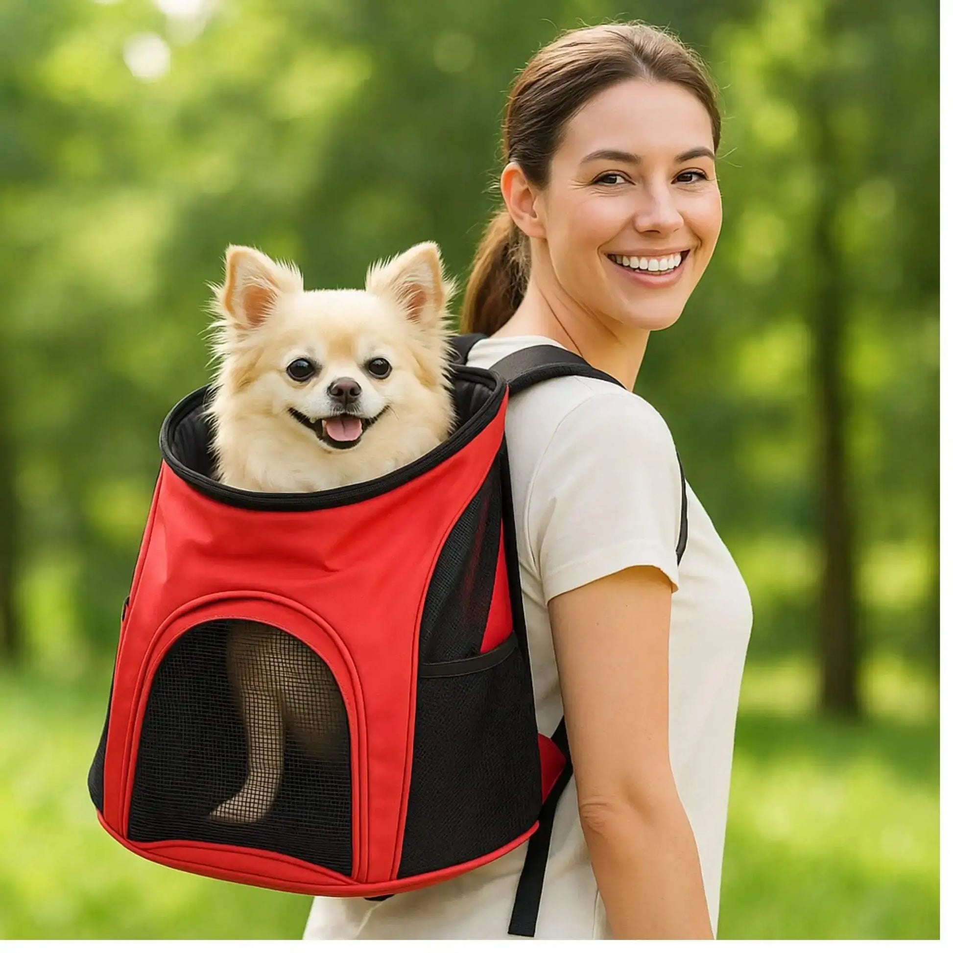 Vue latérale d'une femme avec son poméranien assis dans le sac à dos pour petit chien rouge.