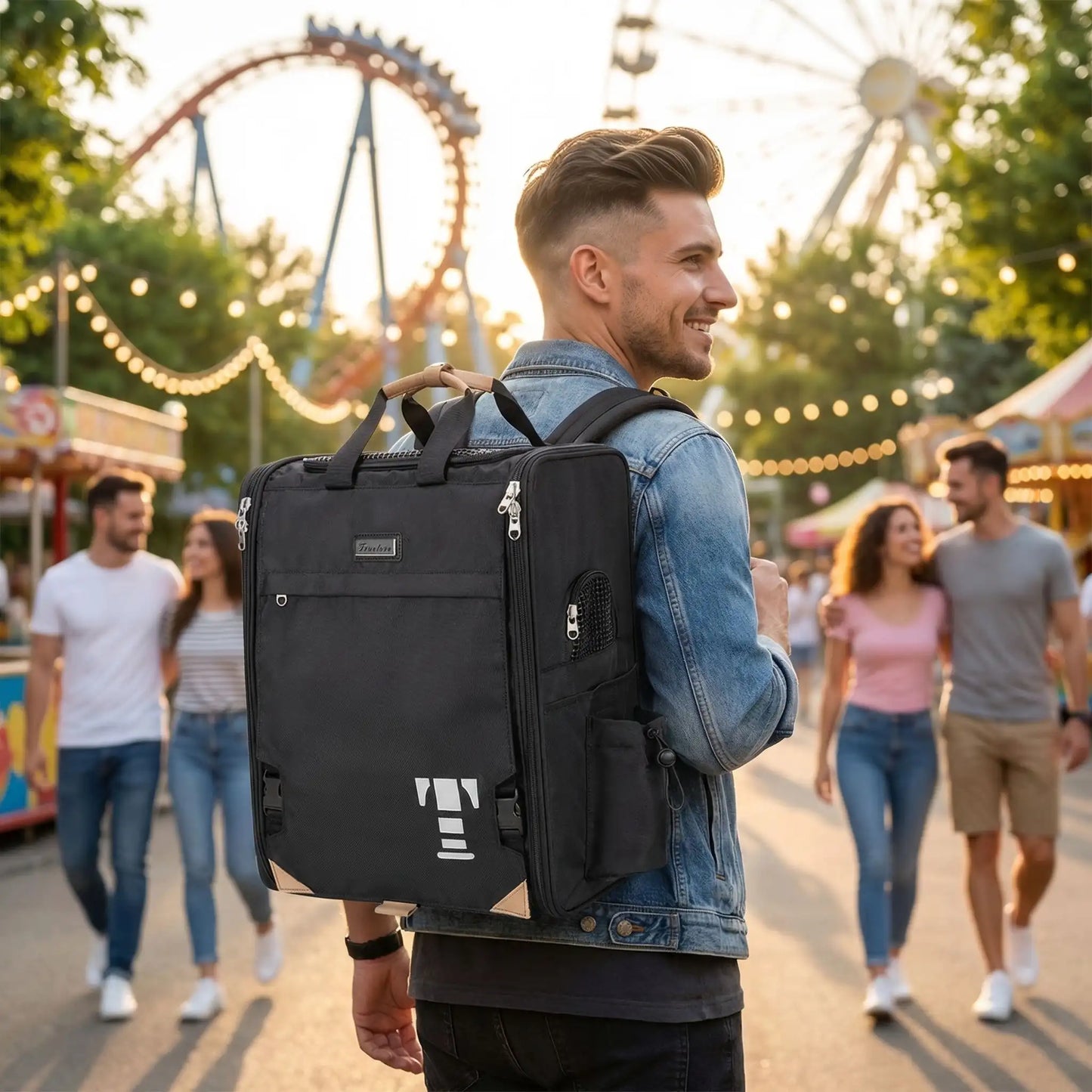 Un homme dans un parc d'attractions porte un sac à dos pour chien de 15 kg.