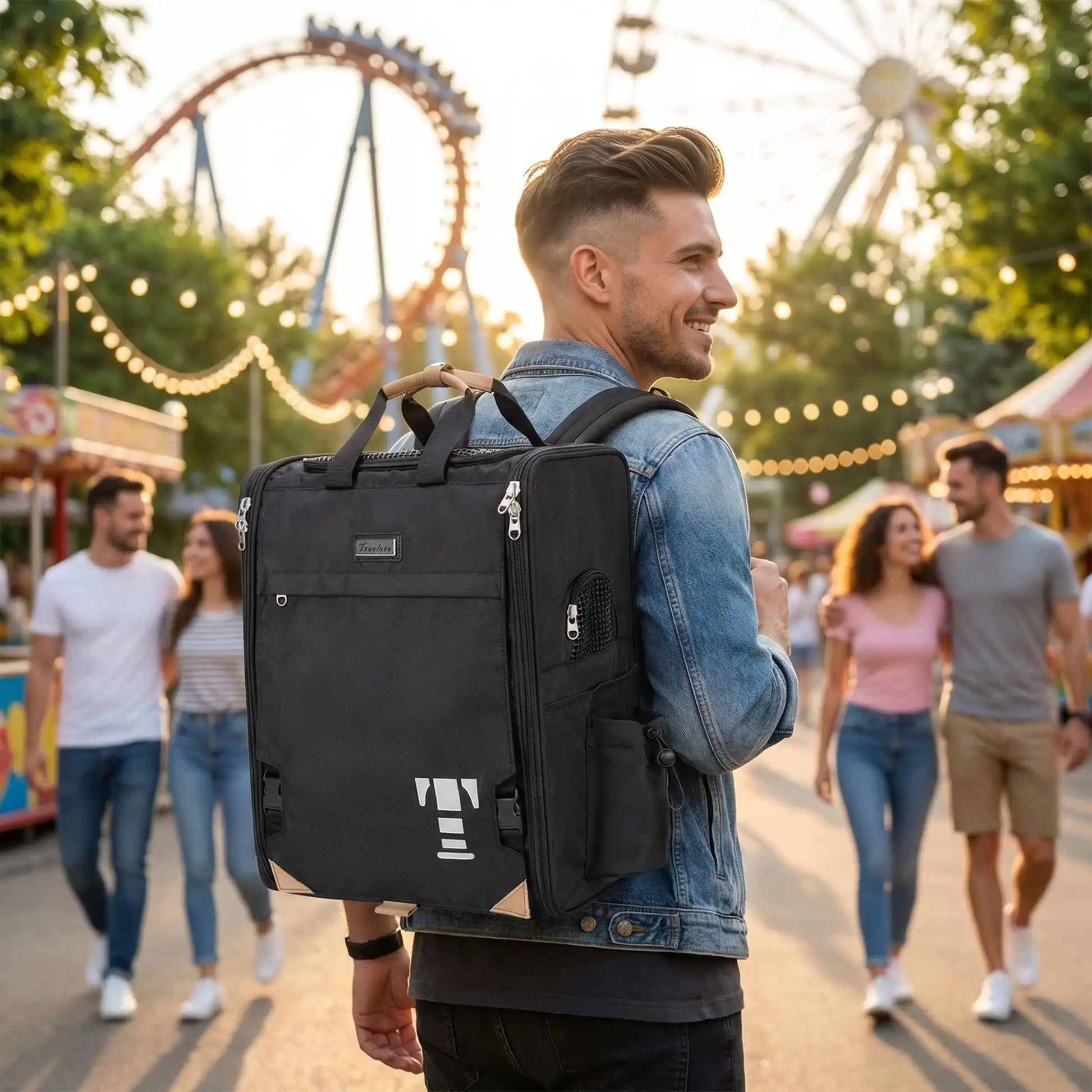 Un homme dans un parc d'attractions porte un sac à dos pour chien de 15 kg.