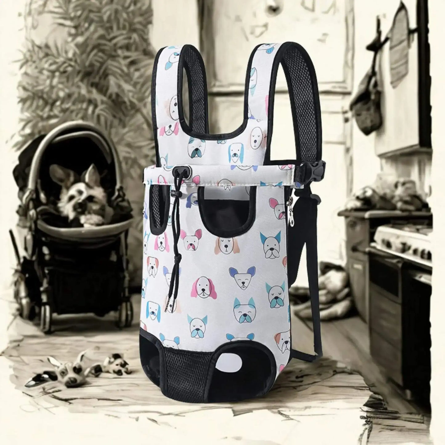 Un sac à dos blanc avec motif de tête de chien dans une cuisine dessinée.