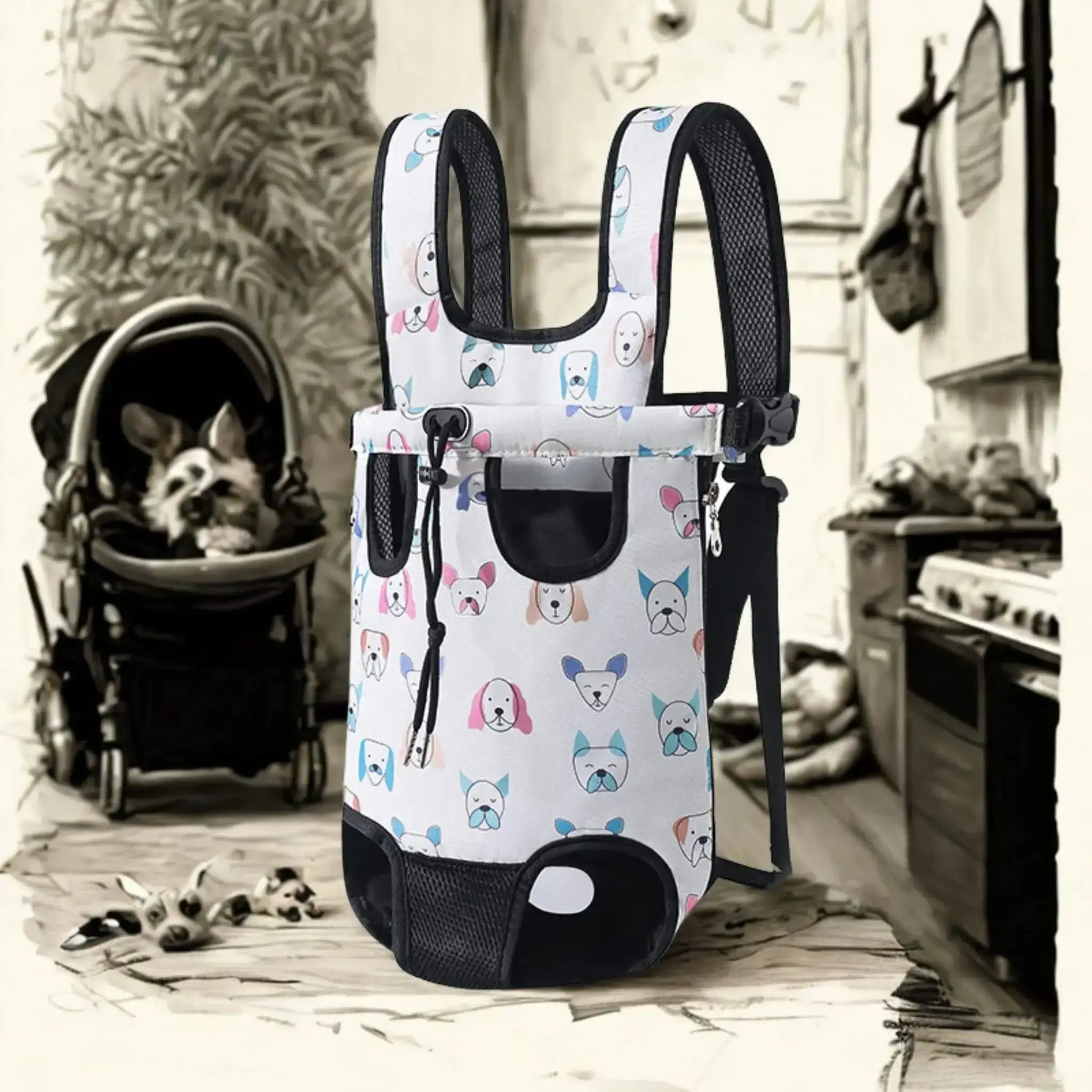 Un sac à dos blanc avec motif de tête de chien dans une cuisine dessinée.