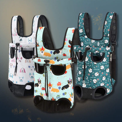 Trois sacs à dos pour chien, un blanc avec tête de chien, un turquoise avec corgi en fête et un vert avec dessin de chien 