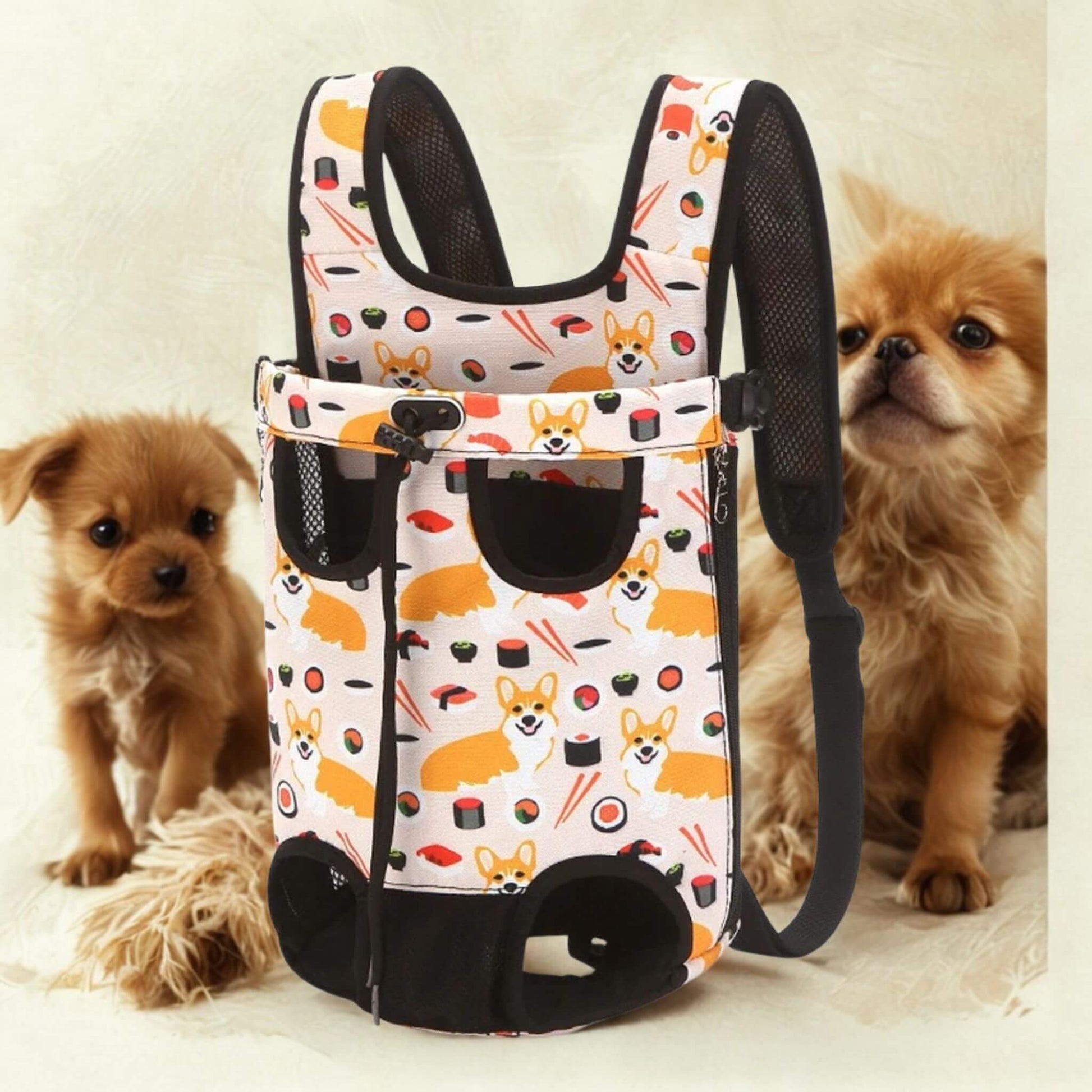 Un sac à dos pour chien blanc orné de corgis sushi avec des chiens de chaque côté.